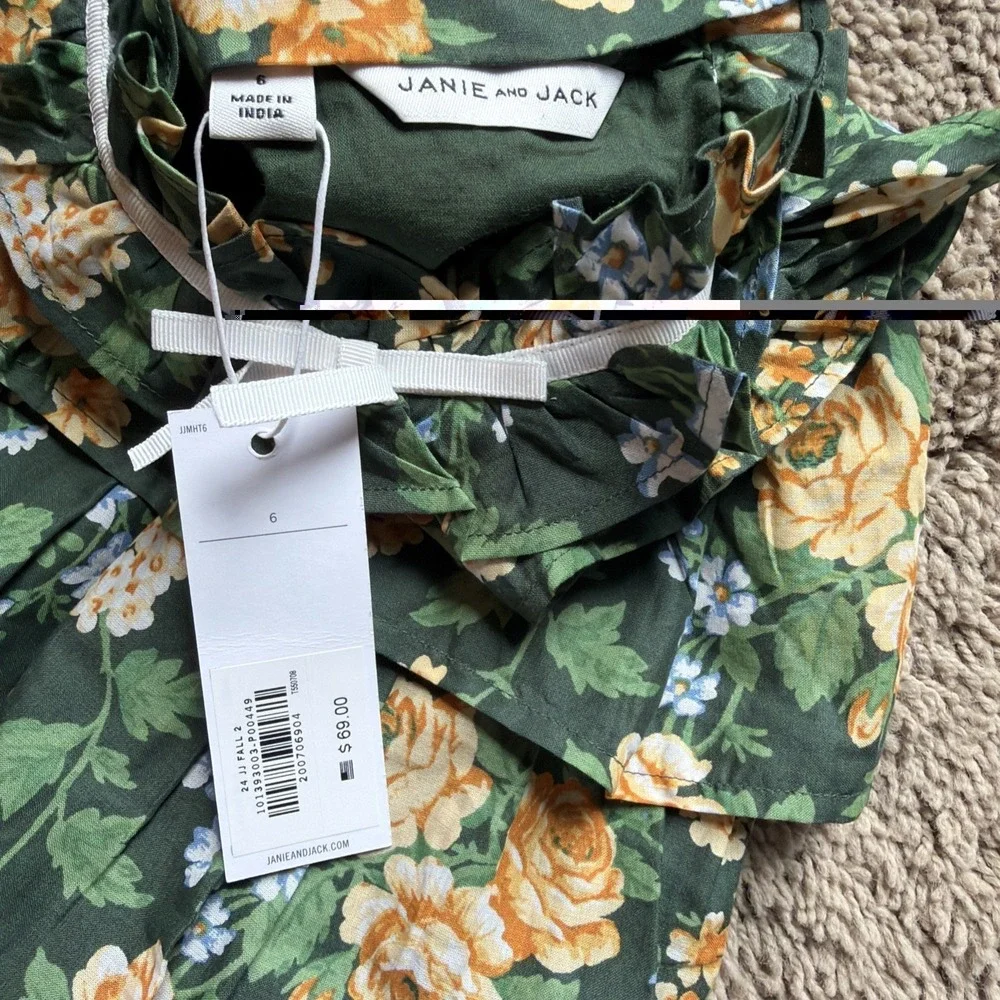 Janie and Jack Girls 6 Green Yellow Floral Ruffle Dress
